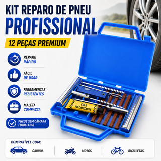Kit Reparo Conserto Furo Remendo Pneu de Metal Para Carros Motos Bike + Macarrão + Maleta premium 12 Peças Premium