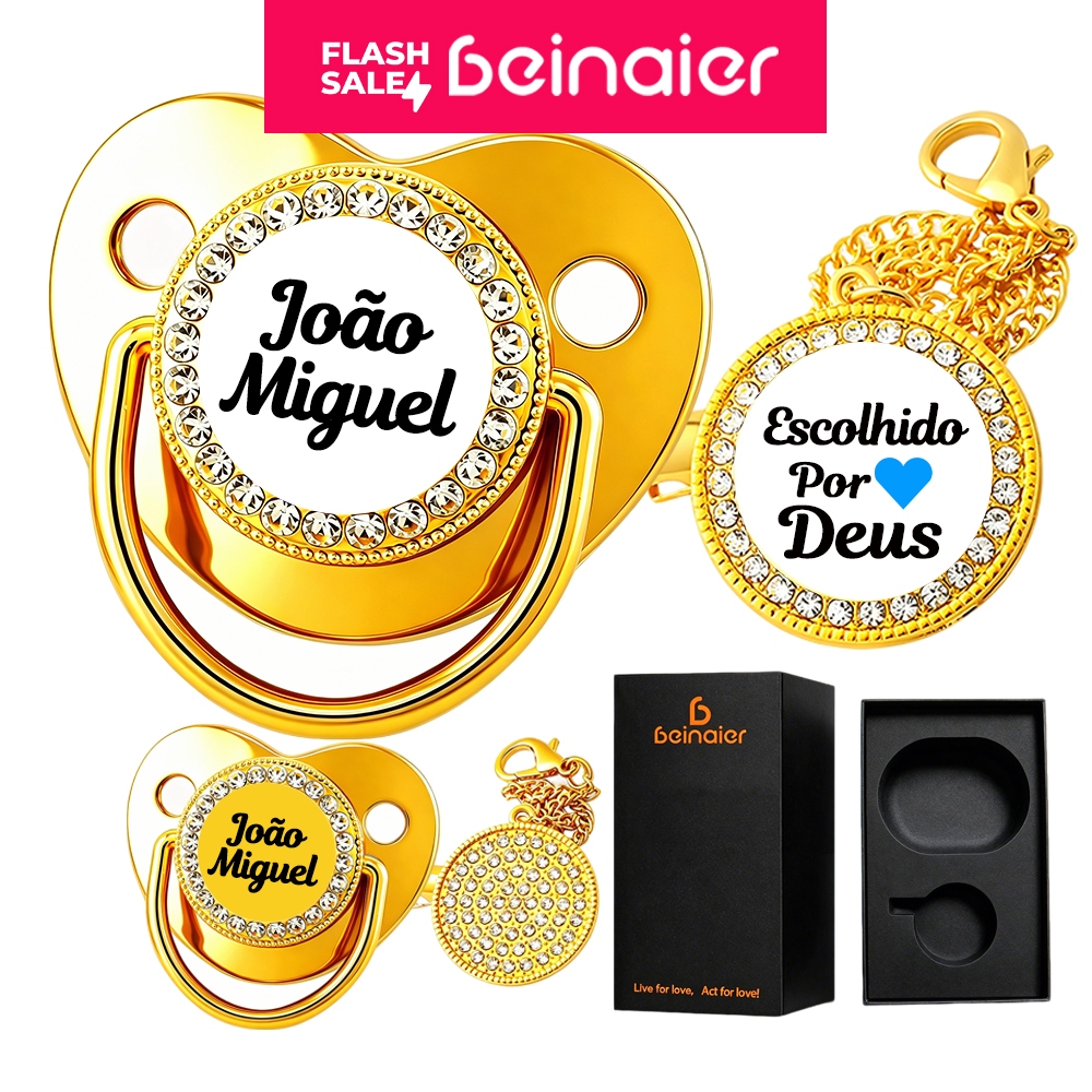 Chupeta dourada personalizada com nome do bebê, bicos de silicone e corrente, livre de BPA