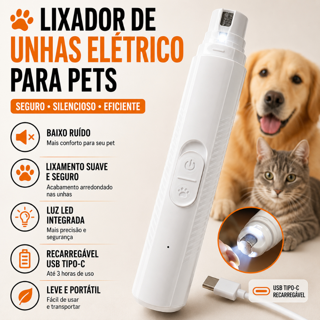 Lixador de Unha Eletrico para Cachorros e Gatos Lixa Pet USB Recarregavel Led