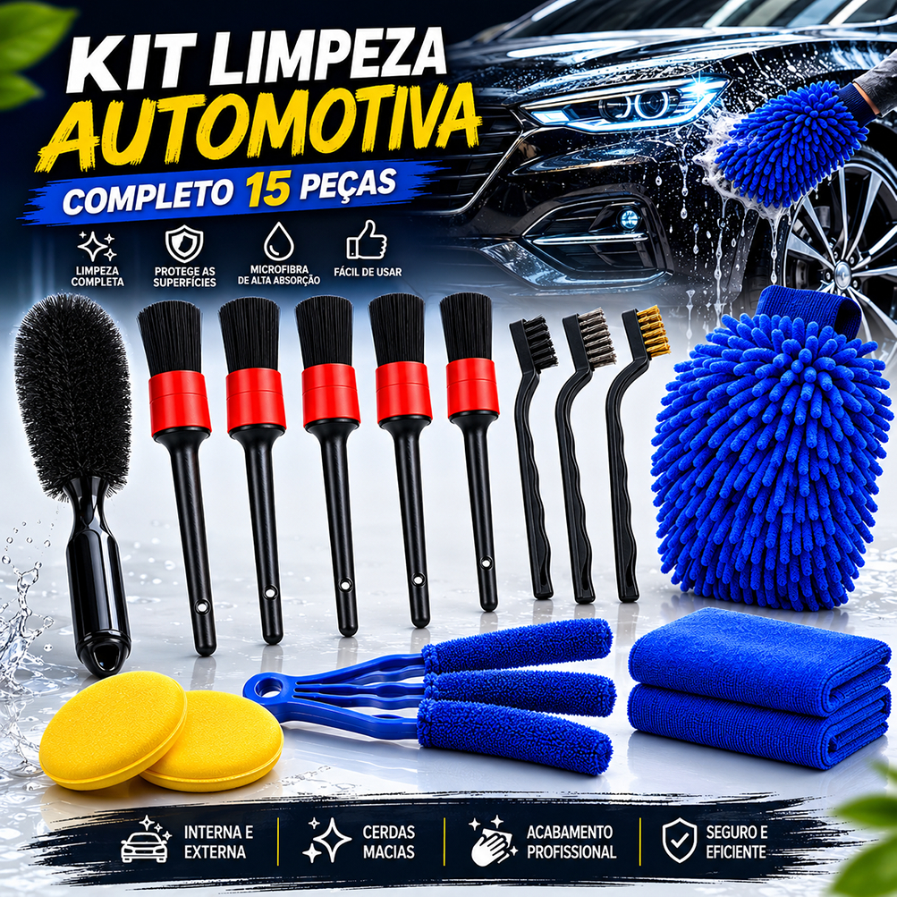 Kit 15 Peças Lavagem Automotiva Esponja + Escova + Flanela 30x40cm + Aplicador de Cera + Luva Microfibra + Pincel