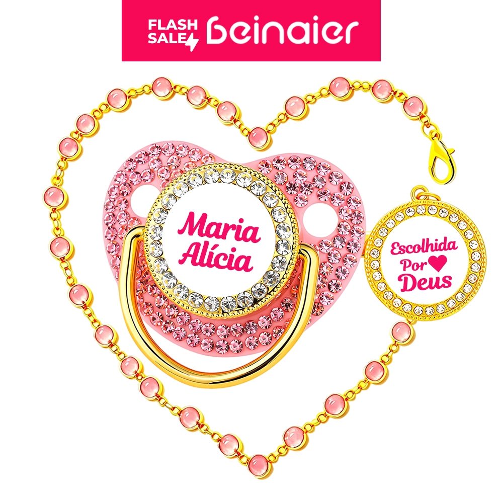 Chupeta personalizada com o nome do bebê, bico de silicone, corrente inclusa, livre de BPA