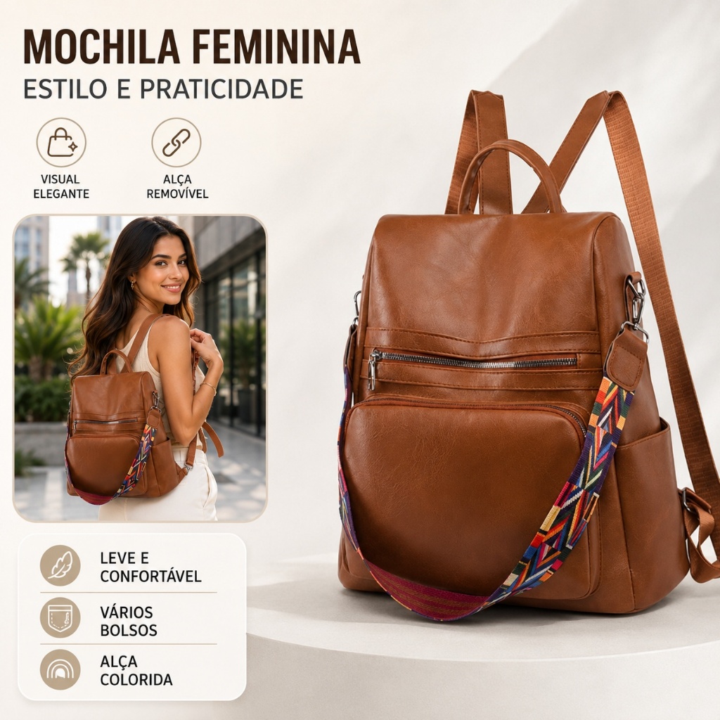 Mochila feminina antirroubo de couro macio vintage pu