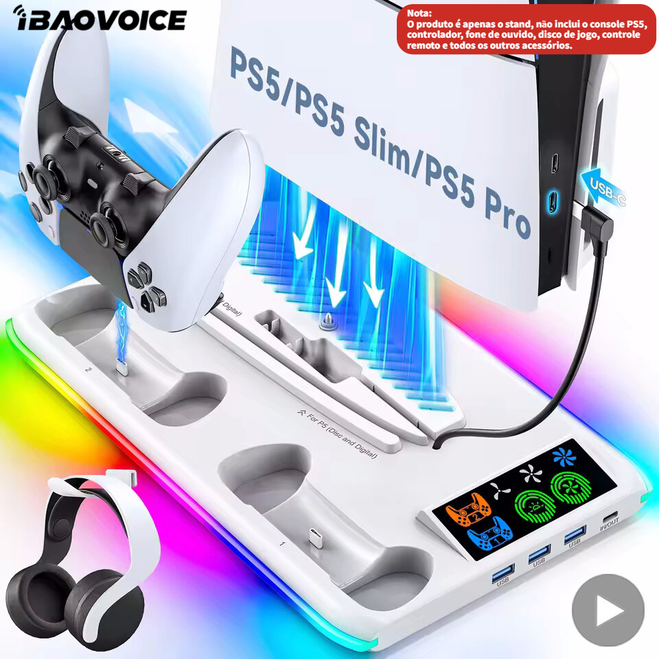 iBaovoice Suporte De Jogo Para Console Sony PS5 Playstation Play Stations PS 5 Slim Pro Base Cooler Ventilador RGB Acess