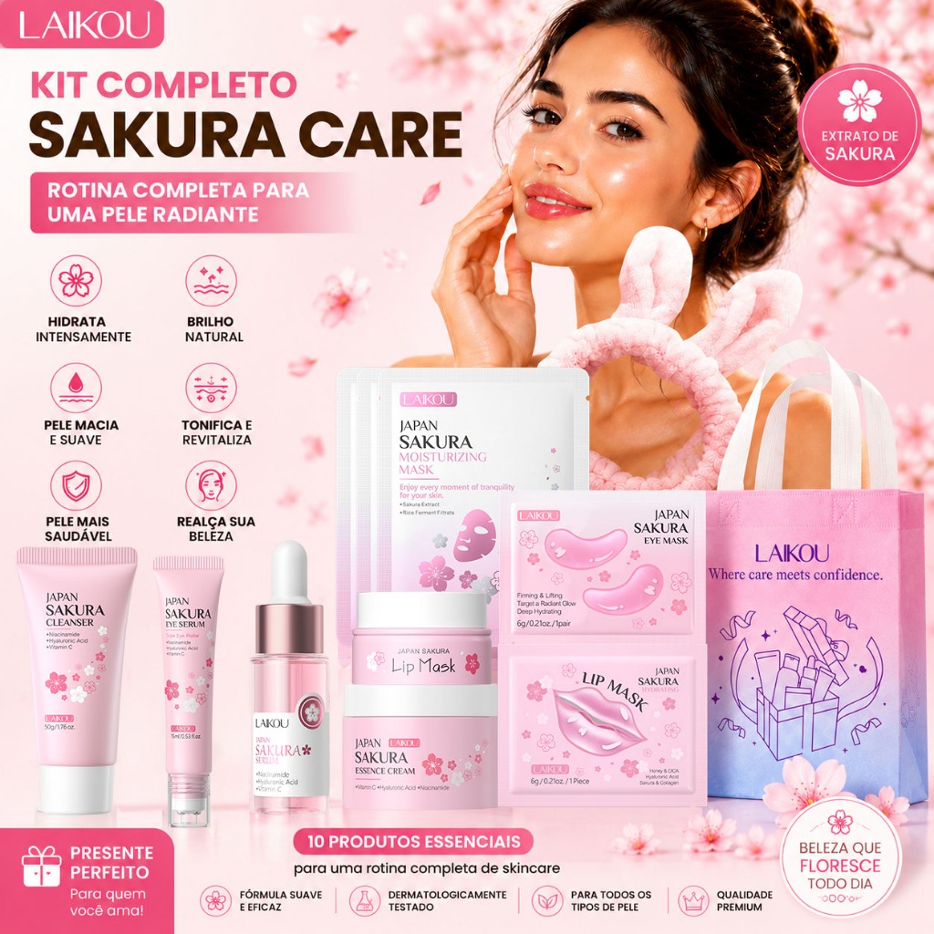 LAIKOU Sakura 12 Etapas – Conjunto de Cuidados com a Pele, Ilumina e Suaviza Linhas Finas, Hidratação Completa, Presente