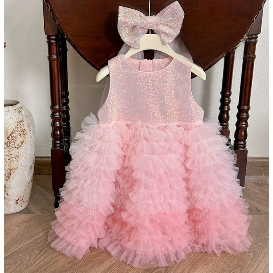 Meninas vestido gradiente macio gaze saia vestido de lantejoulas princesa moda vestido de bolo de renda