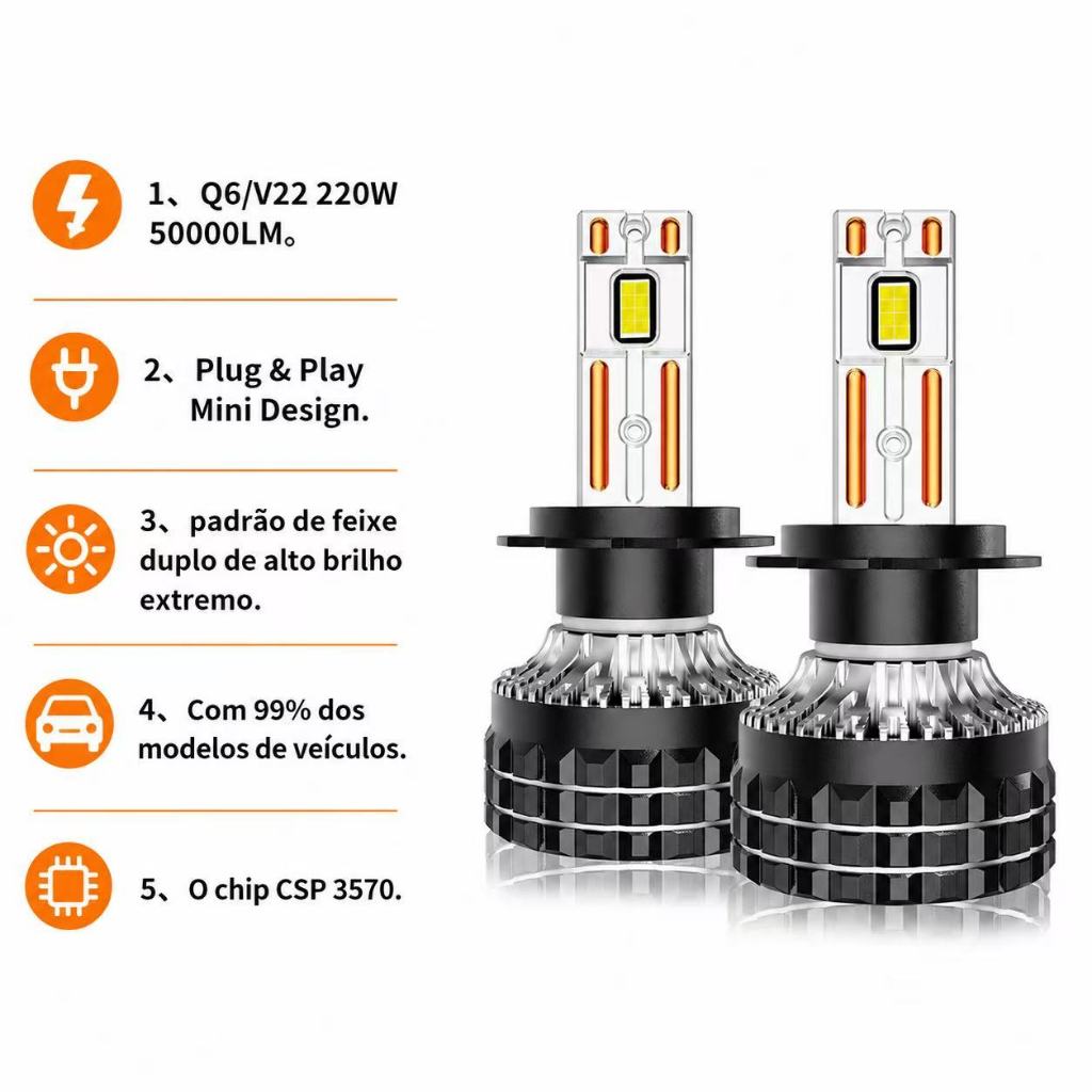 2 Pcs Q5 Q6 V22 H4 H7 LED Lâmpada De Farol 50000LM 220W Canbus Livre De Erros 6000K Plug And Play Ventilador De Resfriam
