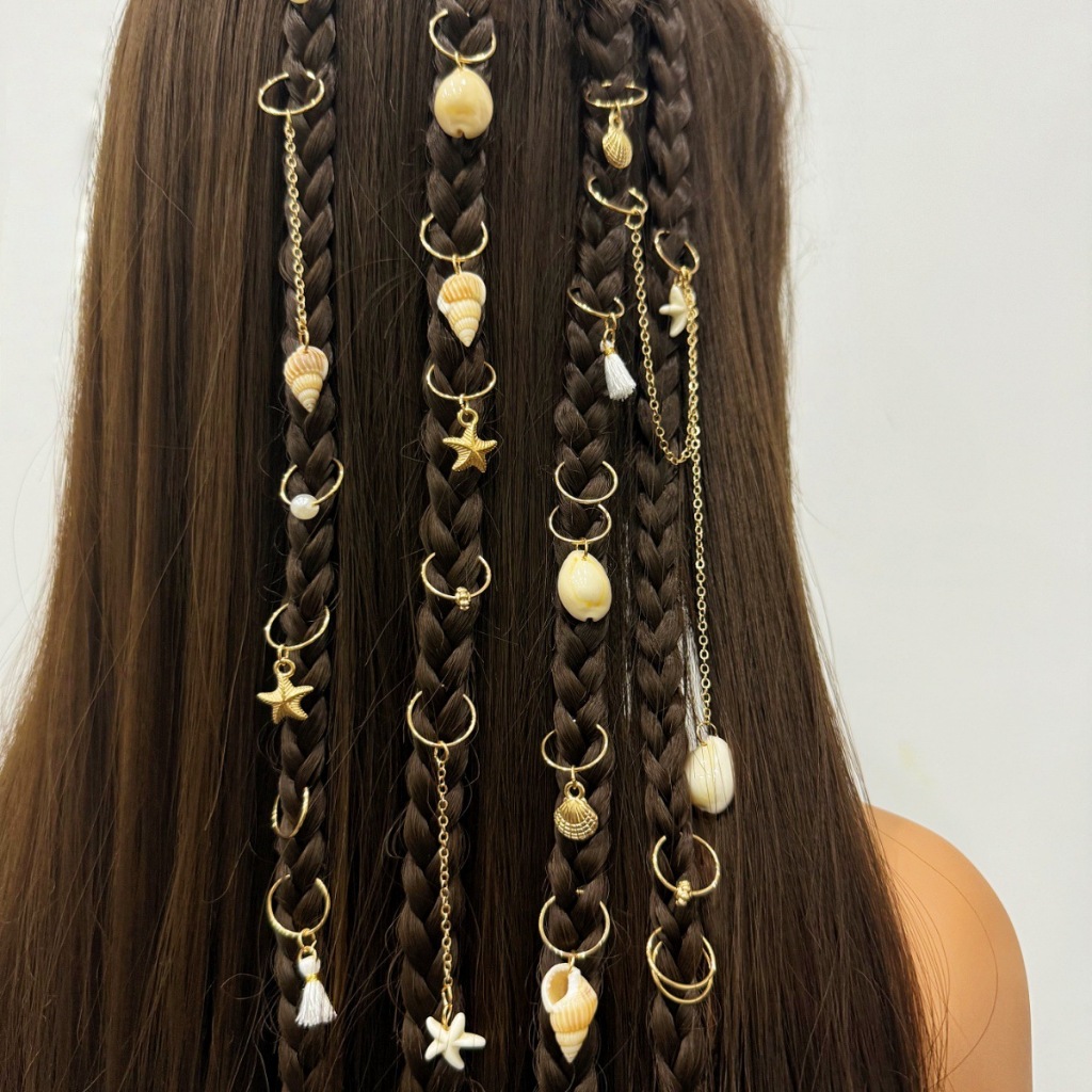 Punk rua tiro na moda trança cocar oceano concha pingente anel de cabelo trança suja fivela de cabelo decoração