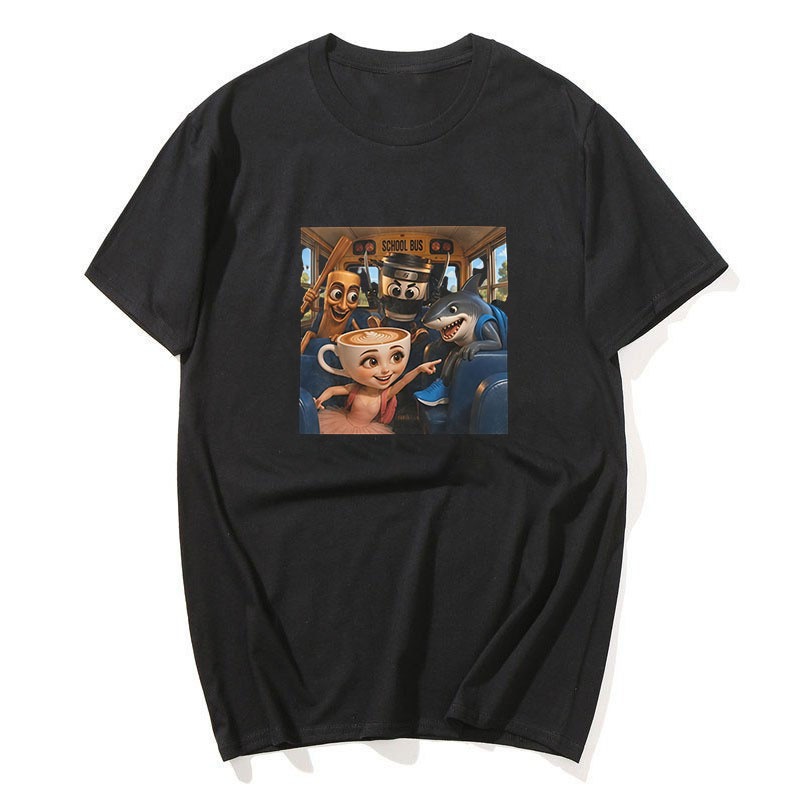 Brainrot Meme Amigos De Volta Às Aulas Ônibus Masculino Em Torno Do Pescoço Algodão Impresso Camiseta Das Mulheres Dos H