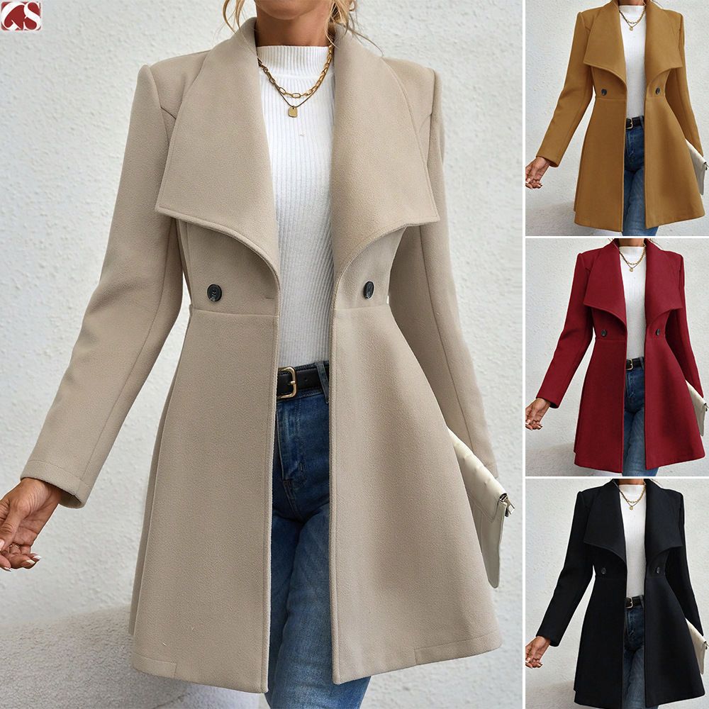 Trench Coat Feminino De Mistura De Lã , Sobretudo Quente De Inverno Com Botão De Gola Lapela