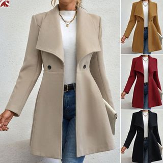 Trench Coat Feminino De Mistura De Lã , Sobretudo Quente De Inverno Com Botão De Gola Lapela