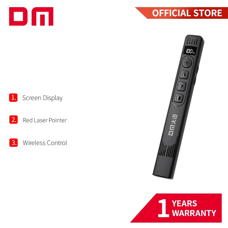 Apresentador sem fio DM PT016 com visor de tela, luz vermelha e recarregável para PC e Mac