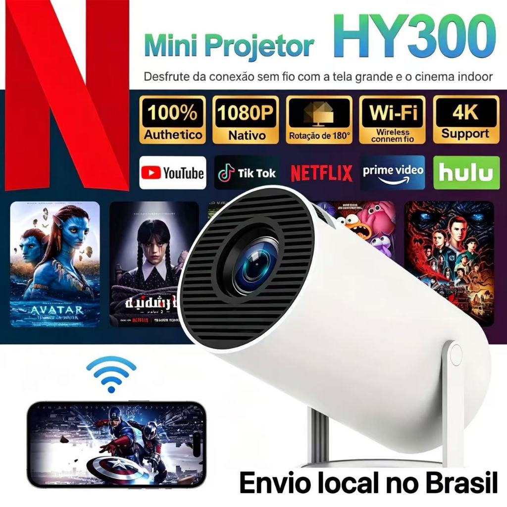 Projetor Portátil HY300 , Android 11 iOS , 4K E Full HD Compatível , Bluetooth WiFi Duplo , Streaming DLNA , Porta USB P