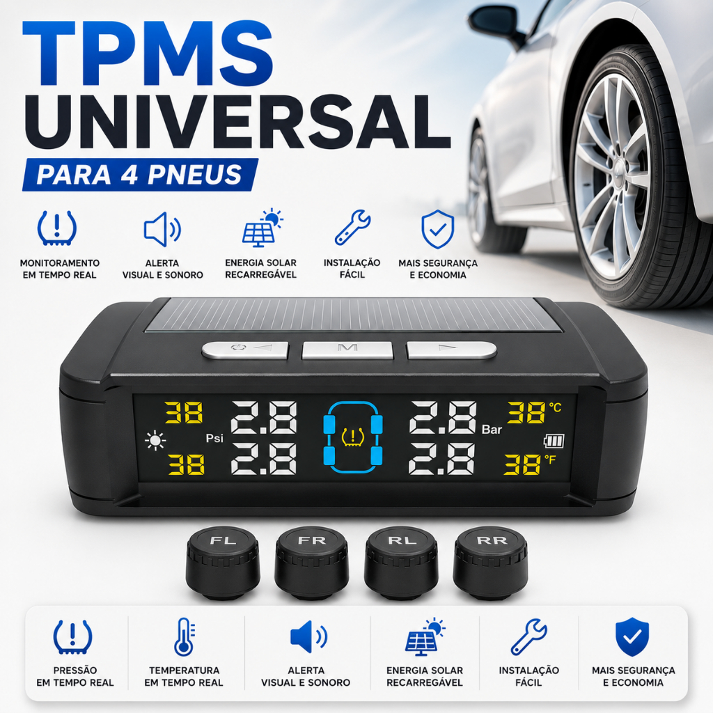 Sensor TPMS 4 Rodas Universal - Monitoramento em Tempo Real + Instalação Fácil sem Remover Pneus
