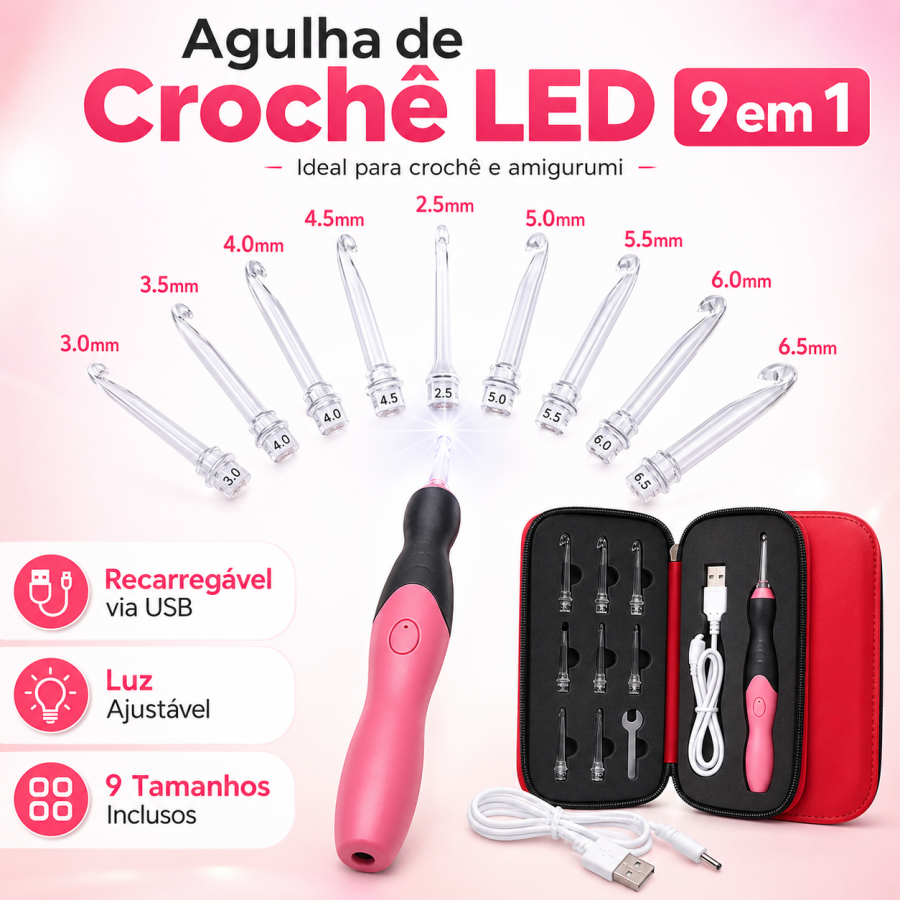 Agulha de Crochê LED 9 em 1 USB Recarregável com Luz Ajustável e Estojo Portátil
