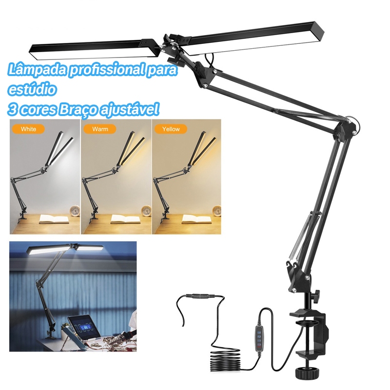 Luminária De Mesa 2 Braços Articulada Regulável Com Garra 10 Modos De Dimerização Trabalho Ler