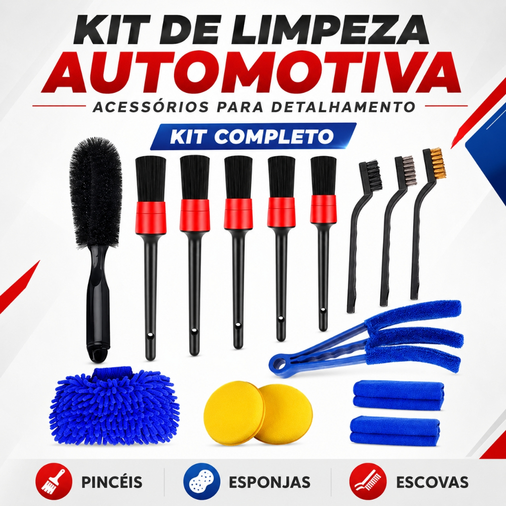 Kit 15/10 Peças Lavagem Automotiva Esponja + Escova de Pneu + Flanela + Aplicador de Cera + Luva Microfibra + Kit Pincel