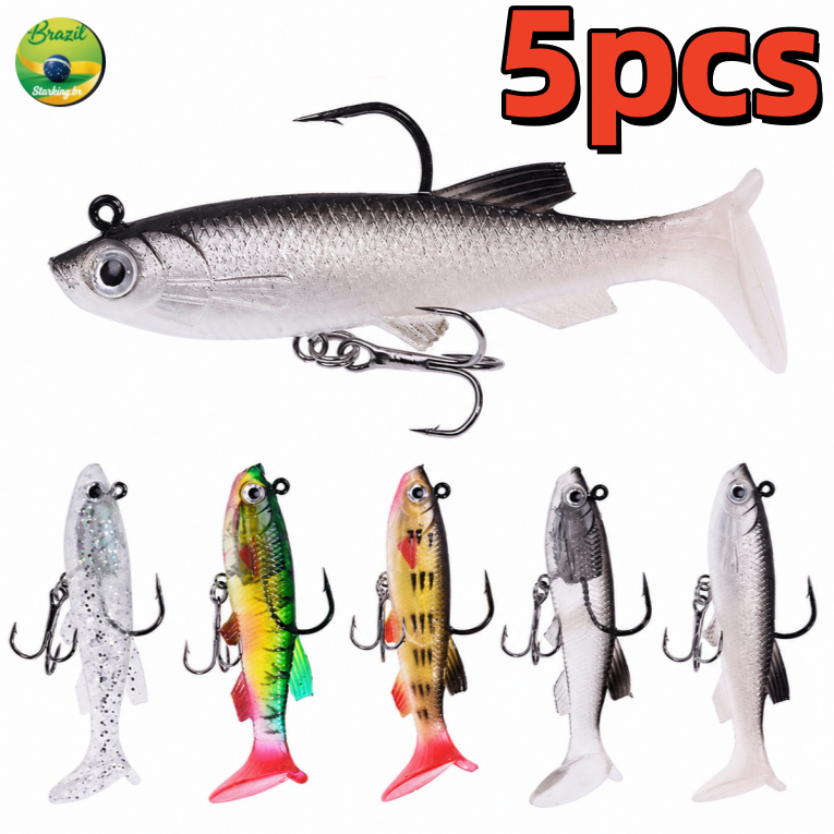 Kit 5 Isca Artificial Soft Bait Shad com Anzol Triplo – 7.5cm/12g,gramas Pesca Tucunaré Traíra Dourado Robalo Black Bass