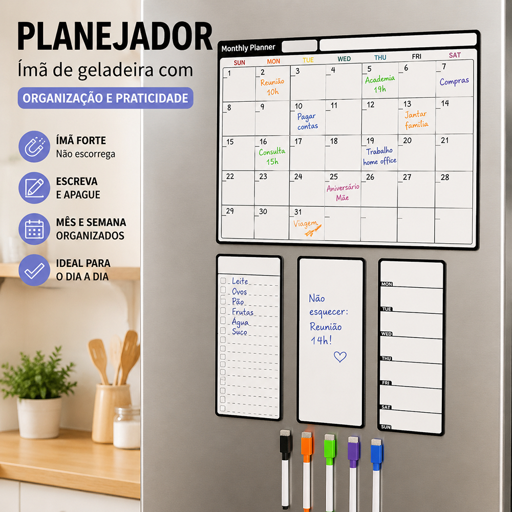 Planner Magnético Imã Geladeira Porta Recados Anotação Semanal Mensal Lousa com Caneta Escreve e Apaga