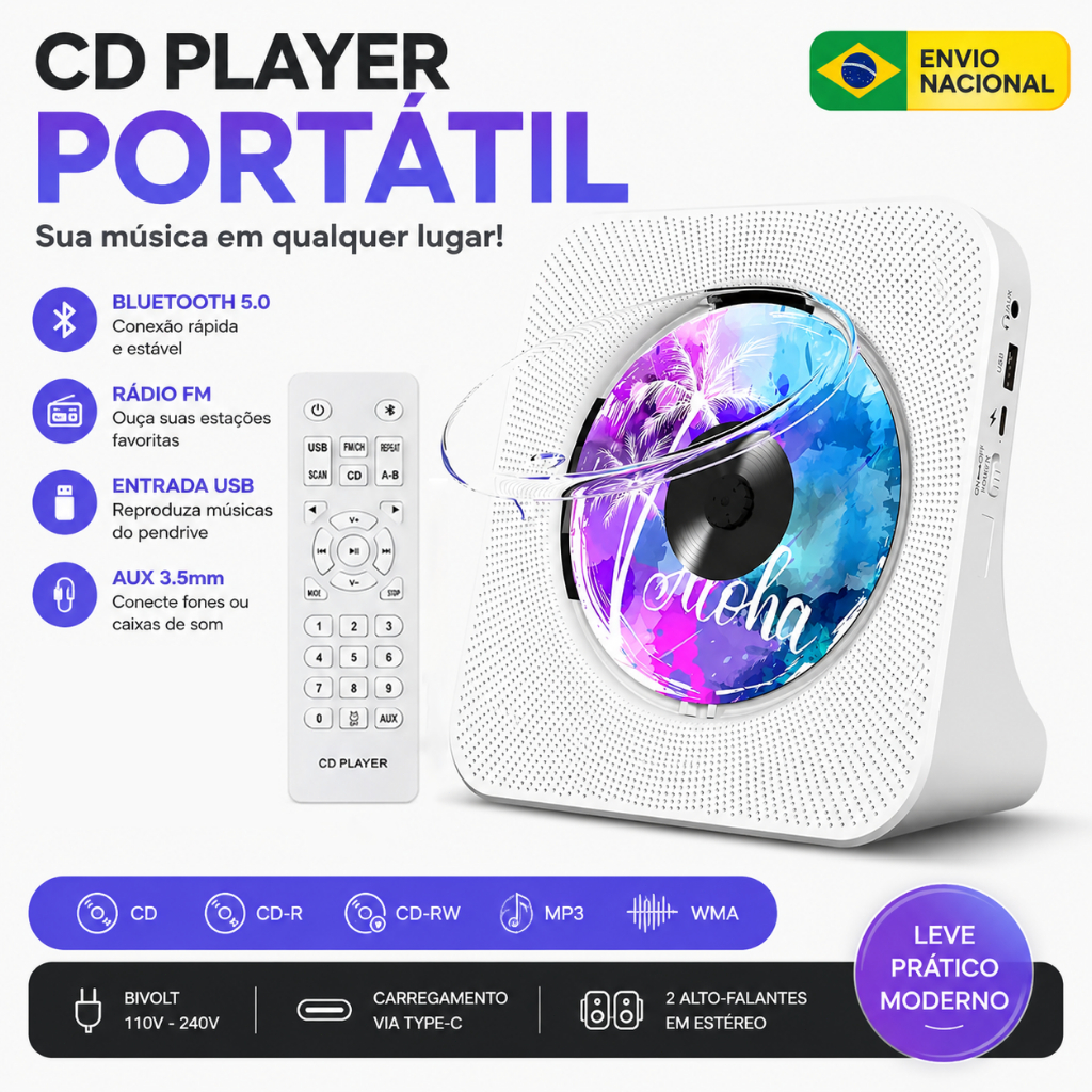 CD Player Bluetooth Retrô Leitor de CD Portátil Com Alto-falantes Duplos, Rádio FM, Tela LED, USB/AUX para TV/Celular