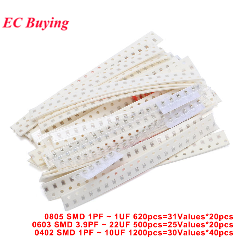 500pcs-1200pcs Kit De Sortimento De Capacitores SMD 0402 0603 0805 1pF-22uF Conjunto Cerâmicos Multivalor