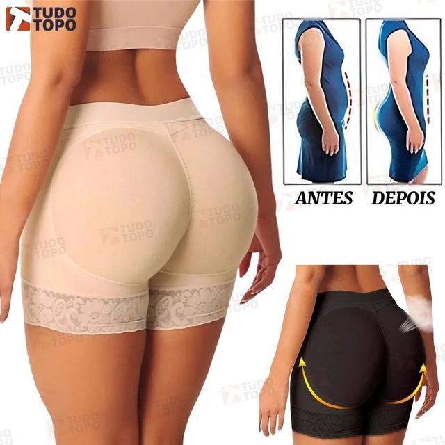 Calcinha Modeladora Feminina com Enchimento para Bumbum e Quadril – Efeito Empina Bumbum Preto/Bege M-XXL
