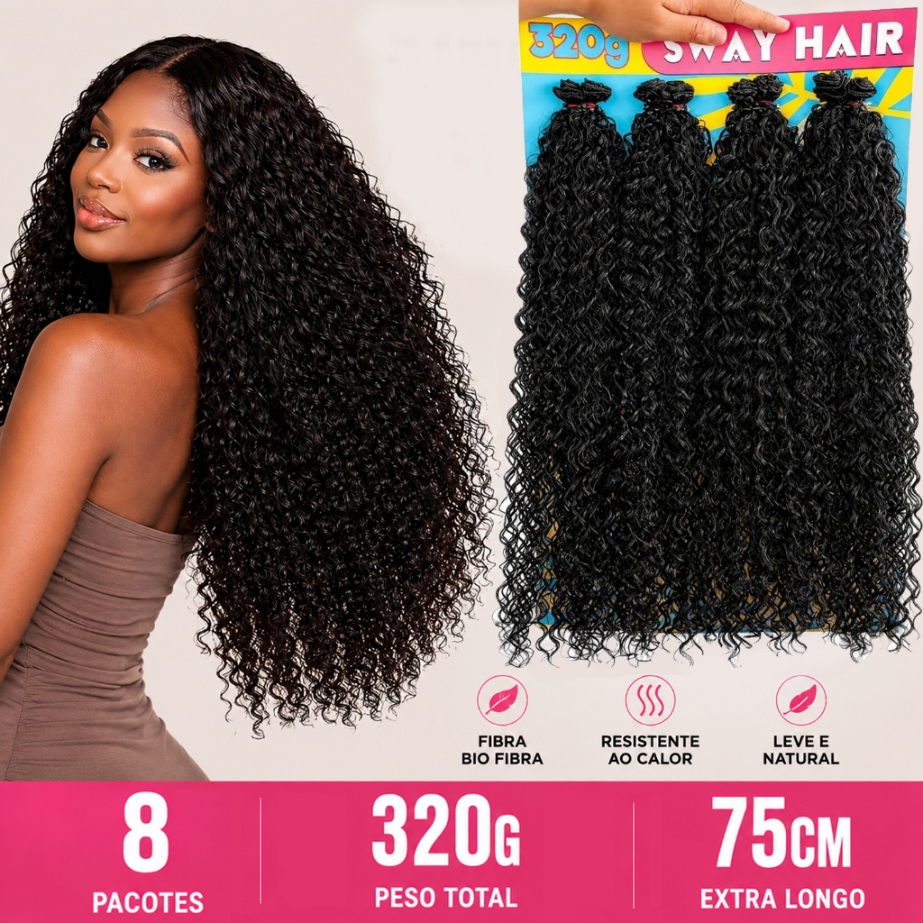 Mega Hair Fibra Orgânica Cacheada 75 cm 320 Gramas Pacotão 8 Tiras Cabelo Biovegetal Super Macio Atacado