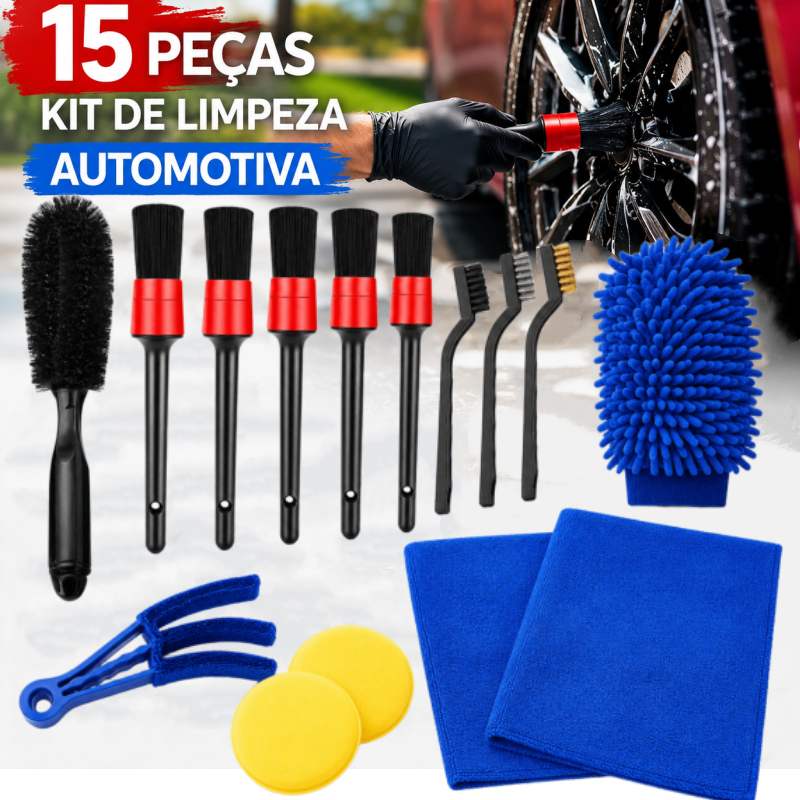 Kit 15 Peças Lavagem Automotiva Esponja + Escova de Pneu + Flanela + Aplicador de Cera + Luva Microfibra + Kit Pincel