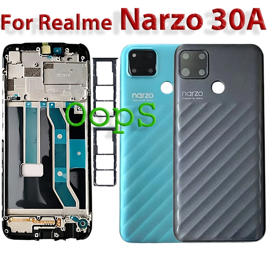 Tampa Traseira Da Bateria , Moldura Intermediária Para Realme Narzo 30A RMX3171 , Caixa Porta + Frontal LCD Lente , Câme