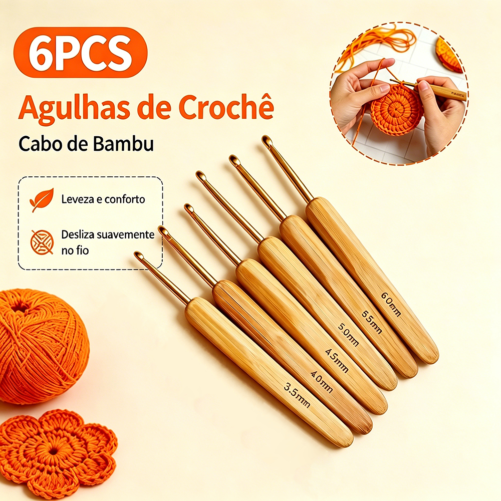 Kit 6 Agulhas de Crochê Cabo de Bambu Unidades Vários Tamanhos Profissionais