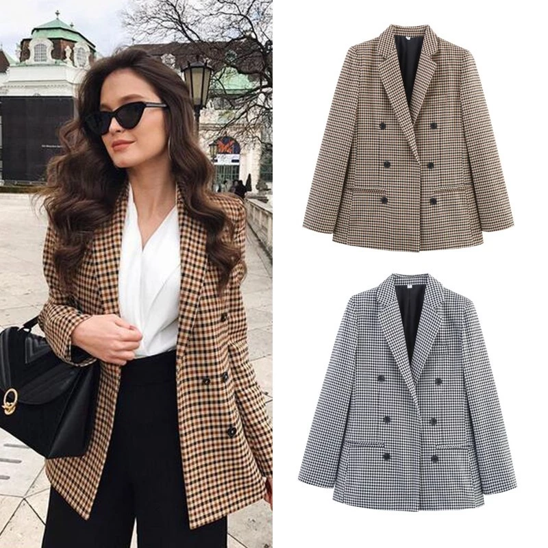 HW Fatos De Manga Comprida Feminina Vintage Notched Bouble Breasted Plaid Women Blazer — imagem 1