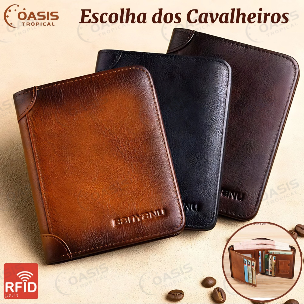 Carteira Antifurto Masculina De Couro Legítimo Vintage De Trifold E Bifold À Escolha Couro bovino de flor integral