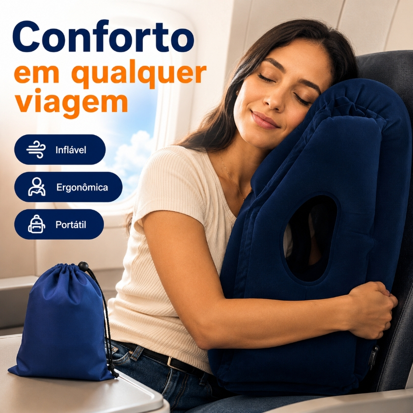 Almofada Viagem Inflável Travesseiro Descanso Dormir Suporte Cabeça Pescoço