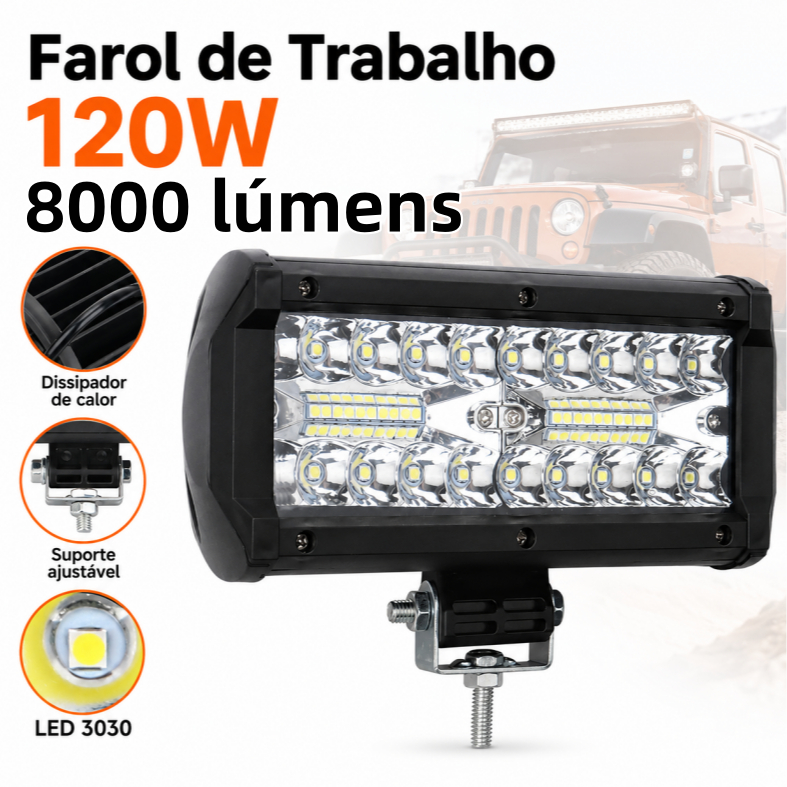 Farol De Barra Alto Potencia 40 LED 120w 12-60V 17cm IP65 Branco Frio Off Road Moto Carro Caminhão suv