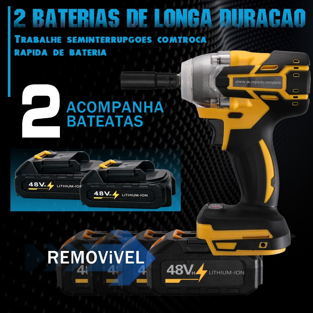 Detalhes do Chave De Impacto Sem Escova-Pistola De Alto Torque Fio De 48 V Com Bateria E Acessórios