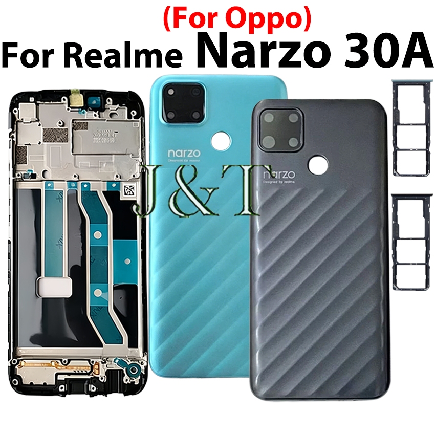 Moldura Frontal LCD , Tampa Traseira Da Bateria , Carcaça Para Realme Narzo 30A RMX3171 , Intermediária Porta + Lente Câ