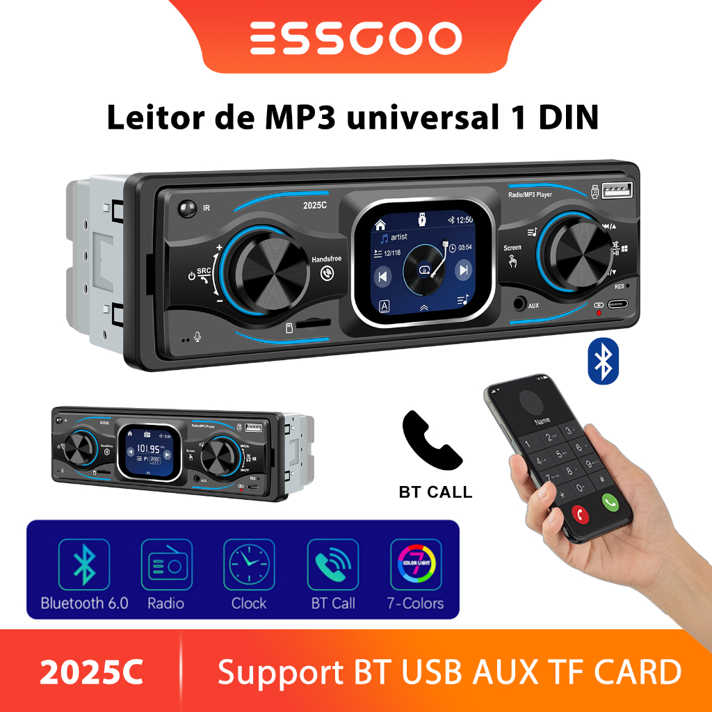 ESSGOO 2.2 " Tela De Toque Inteligente MP3 Jogador Do Carro Único Din Rádio Estéreo Bluetooth 6.0 Receptor FM Tipo-C