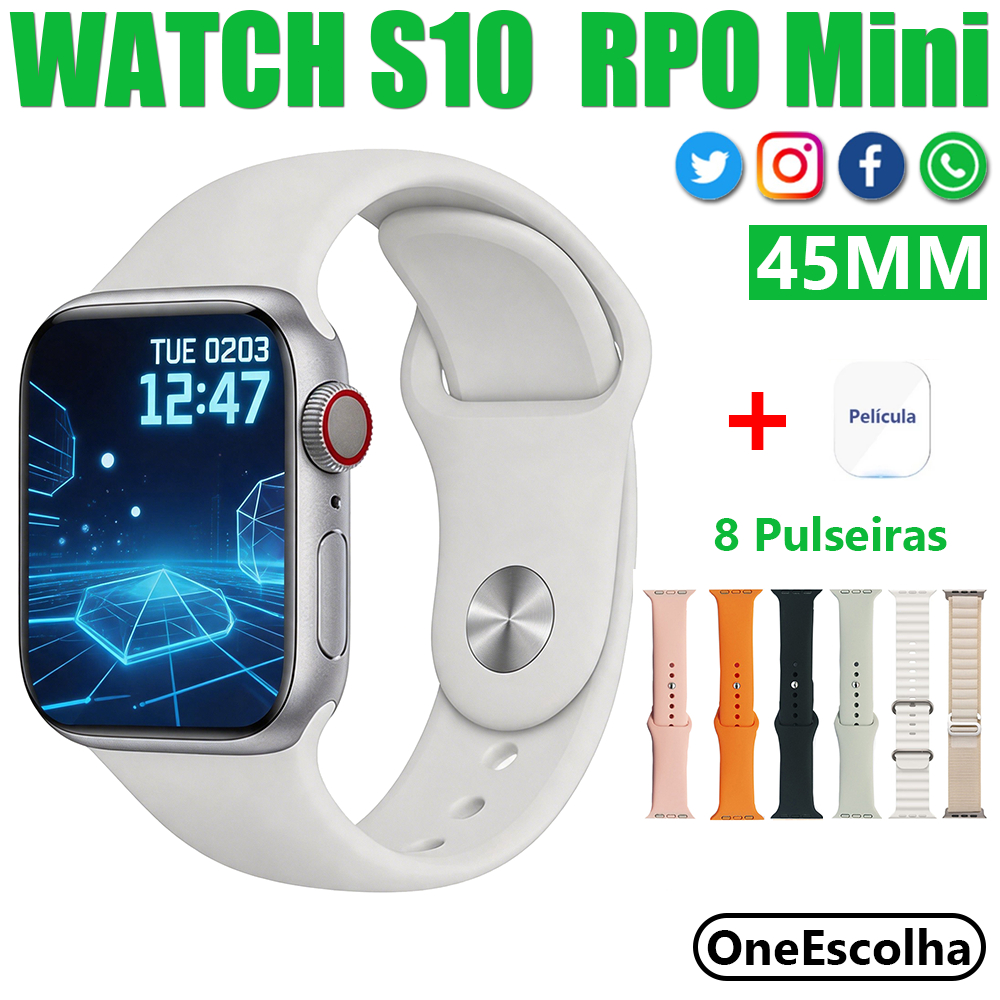 OneEscolha - Novo Smartwatch S10 Mini 8 em 1 com Monitor de Pressão Chamada Bluetooth Esportivo e Impermeável