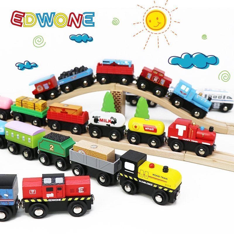 Crianças de madeira magnética pequeno trem brinquedos compatíveis com pista locomotiva bloco de construção de madeira ac