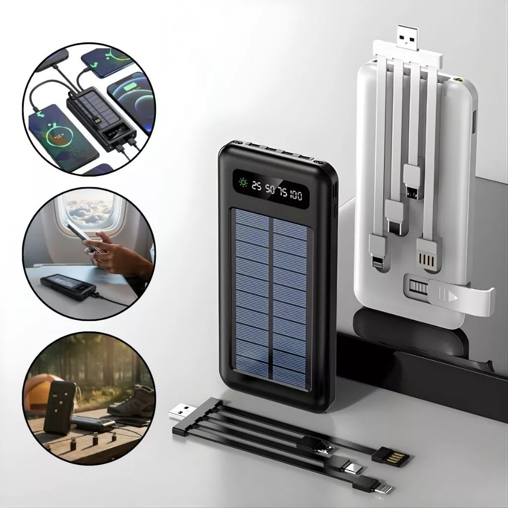 Power Bank Solar 20000mAh com Suporte e 4 Cabos Carregador Portátil com Lanterna LED 5 em 1 para Assistir Netflix