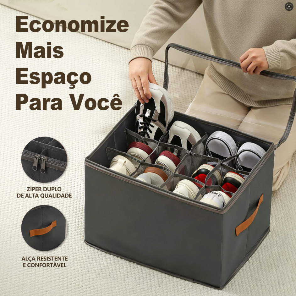 Cinza Caixa Organizadora 6 Pares de Sapato 43x32x30cm | Dobrável com Tampa Transparente e Divisórias