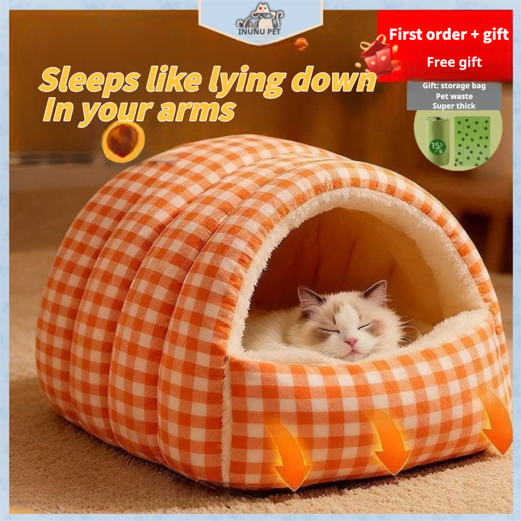 [Cama para pet] padrão xadrez com cobertura total, quente, macia e confortável, para uso doméstico