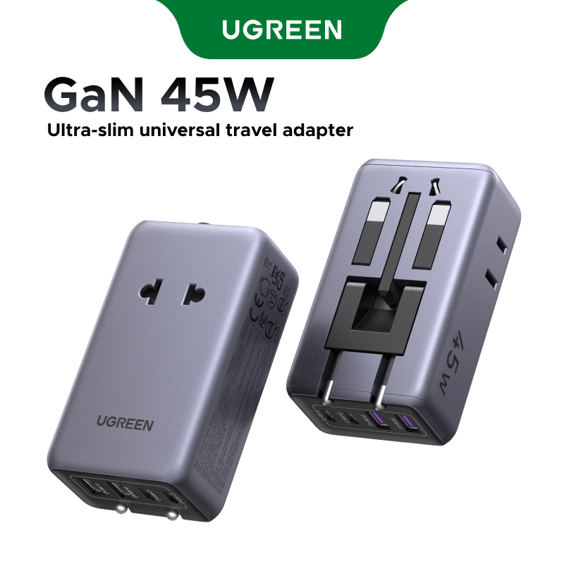 Adaptador De Viagem Universal UGREEN PD 45W Plugue Ue/Reino Unido/Eua/AU Design Ultrafino Dobrável GaN Menor Para Viagen