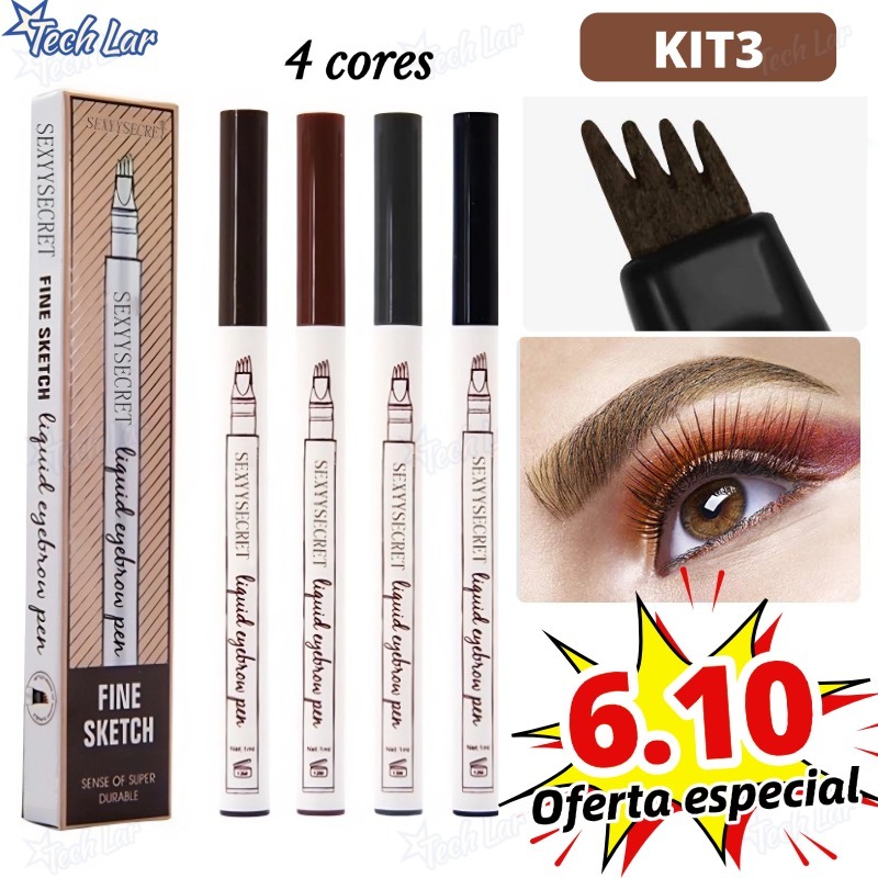 Kit 3 Caneta de sobrancelha Henna Microblading Fio a Fio À Prova D'Água Lápis com 4 Pontas