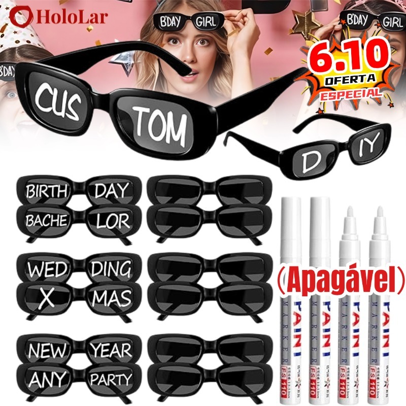 Oculos Vintage Retro Preto Liso + Caneta Giz Festa Casamento Evento Balada Despedidas Cor Preto-HL