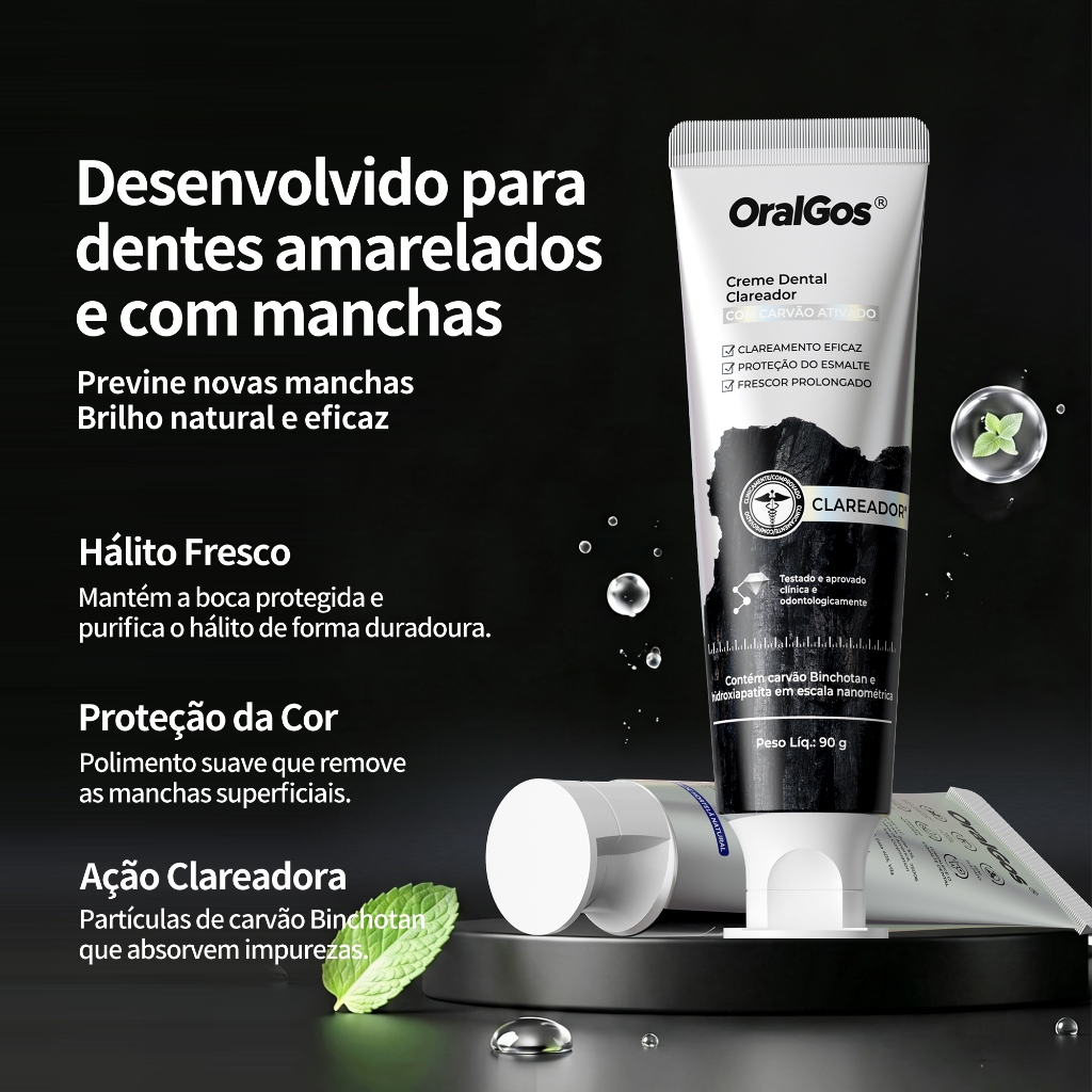 OralGos Creme Dental Natural com Carvão Ativado, sem Flúor,Refresca o Hálito, Menta Oceânica 90g