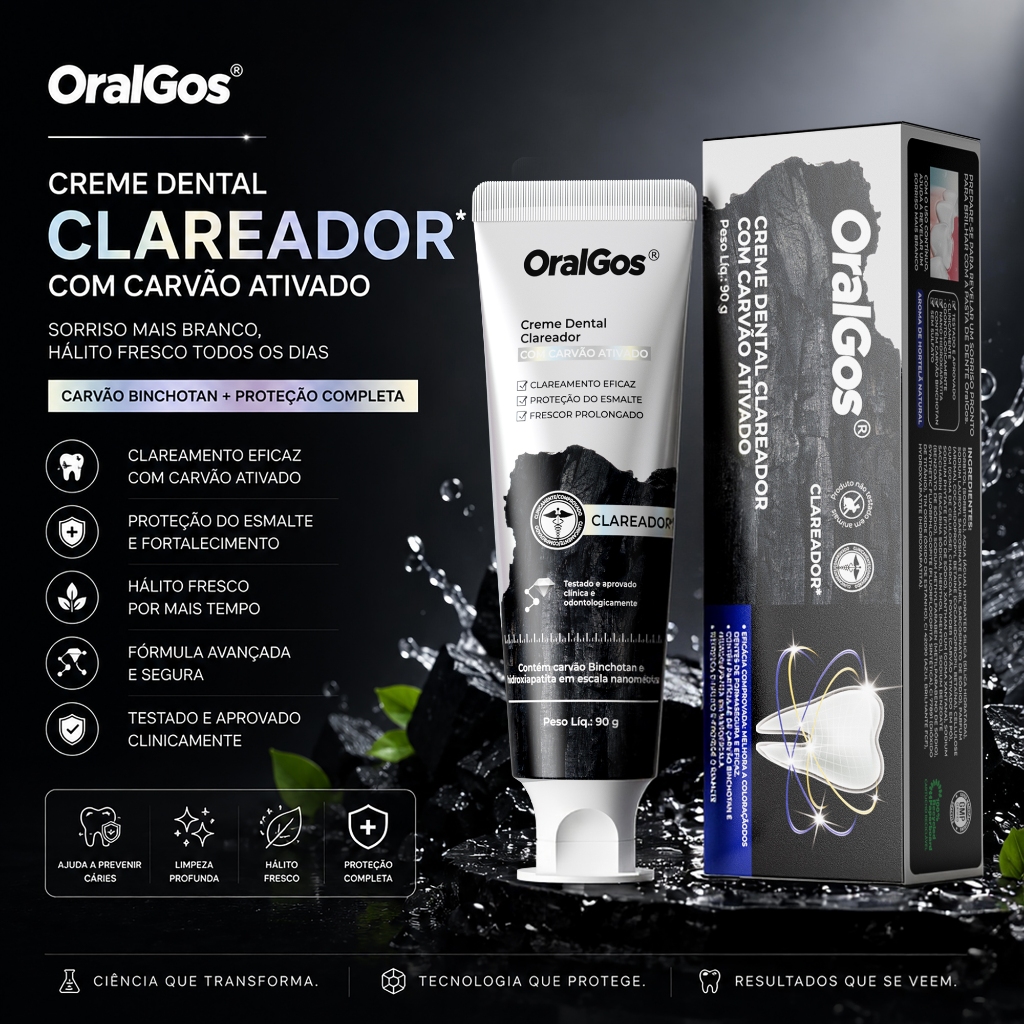 OralGos Creme Dental Carvão Ativado 90g Nanopartículas Pasta de Dente Menta