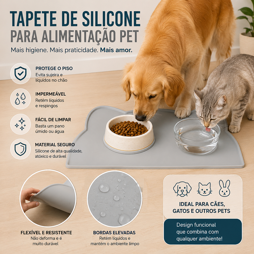 Tapete de Comedouro para Pets (Cães/Gatos) Silicone Seguro Alimentar Impermeável Antiderrapante