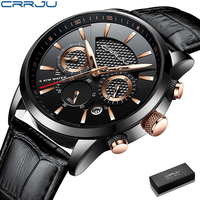 CRRJU Relógio masculino casual de couro Marca de luxo Esportes à prova d'água Da