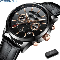 CRRJU Relógio masculino casual de couro Marca de luxo Esportes à prova d'água Data Cronógrafo 2212