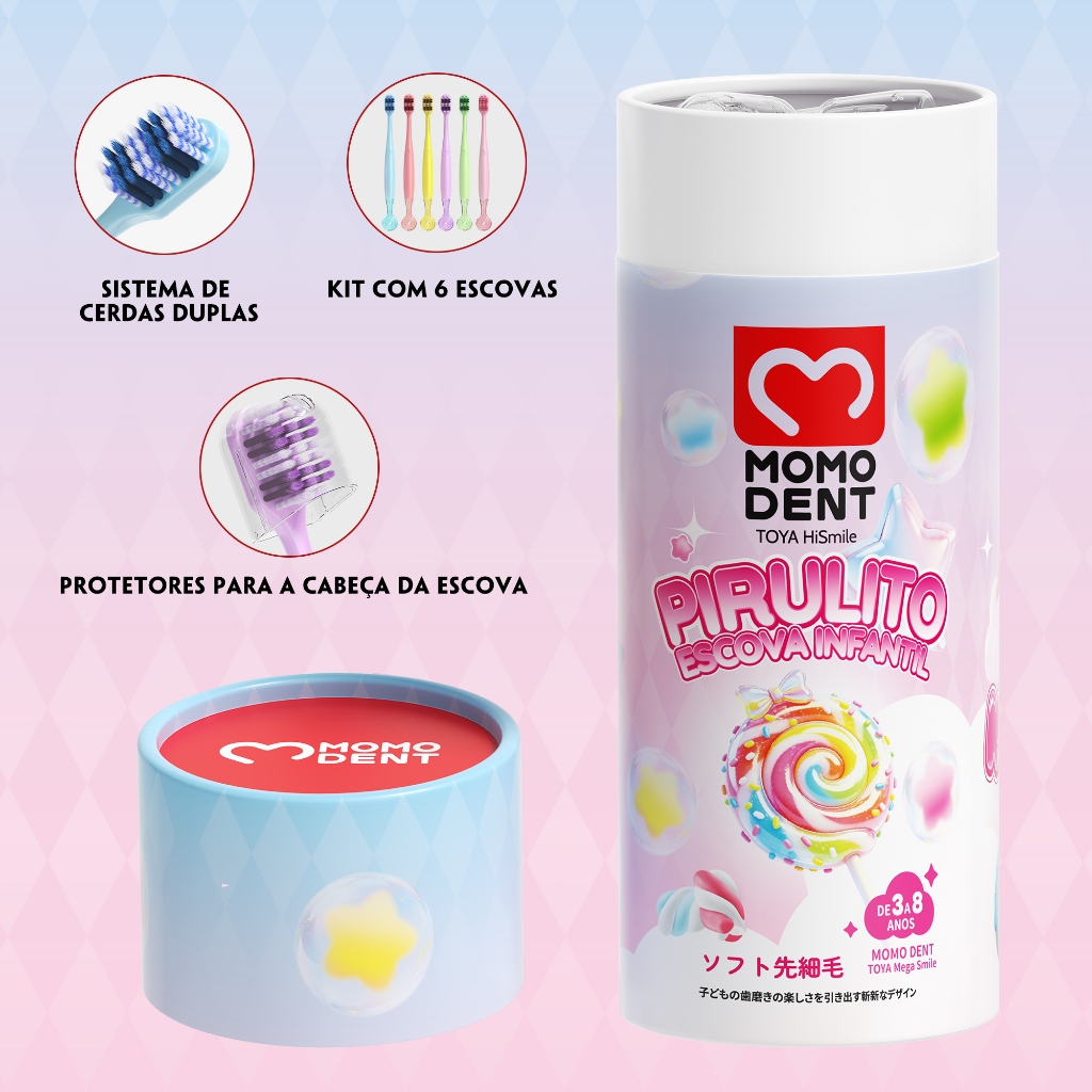 MOMO DENT Escova de dentes pirulito infantil conjunto de 6 cores cerdas macias 3-8 anos com capa protetora de cabeça de 